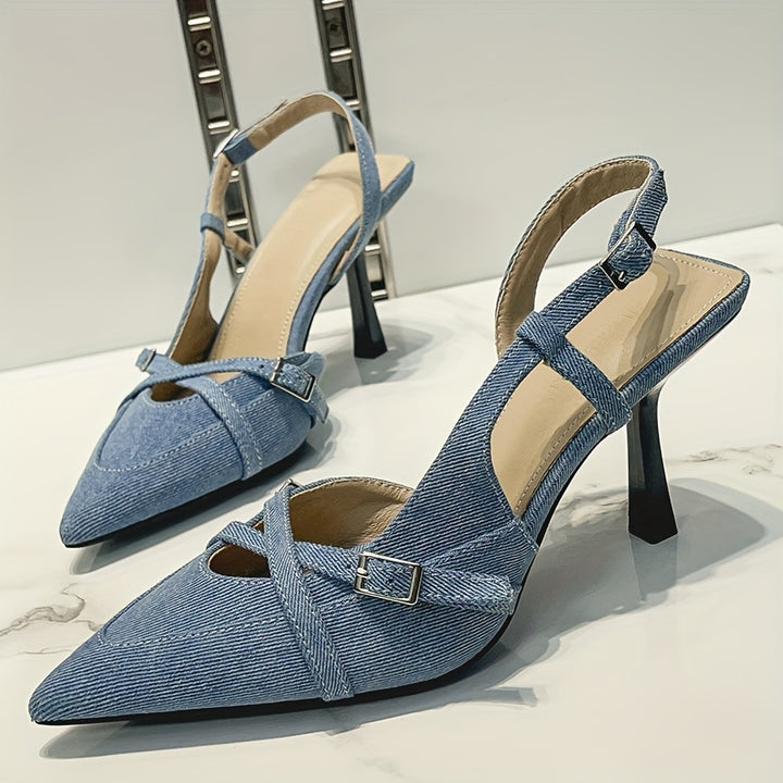 Stella - Crisscross Denim Stiletto Sandal