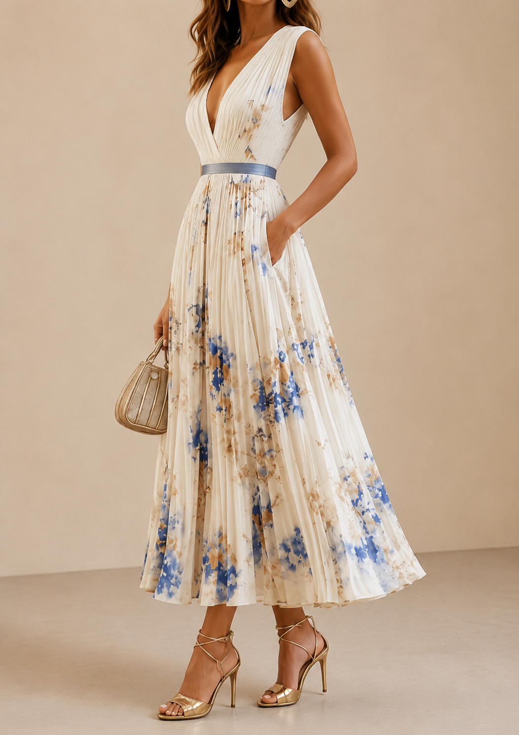 Celestine - Pleated V-Neck Floral Midi Dress