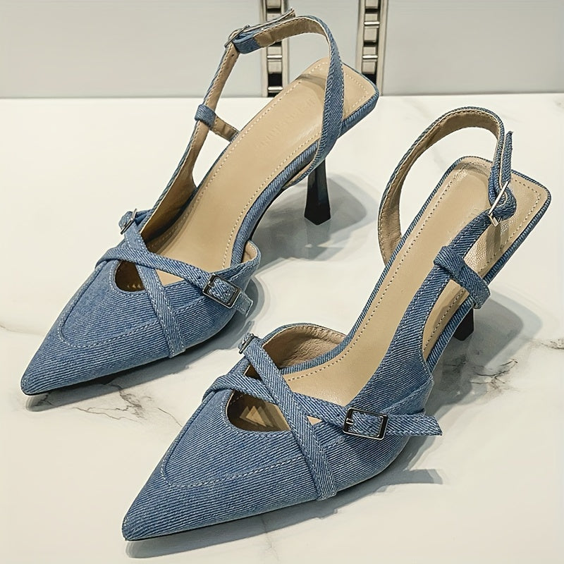 Stella - Crisscross Denim Stiletto Sandal