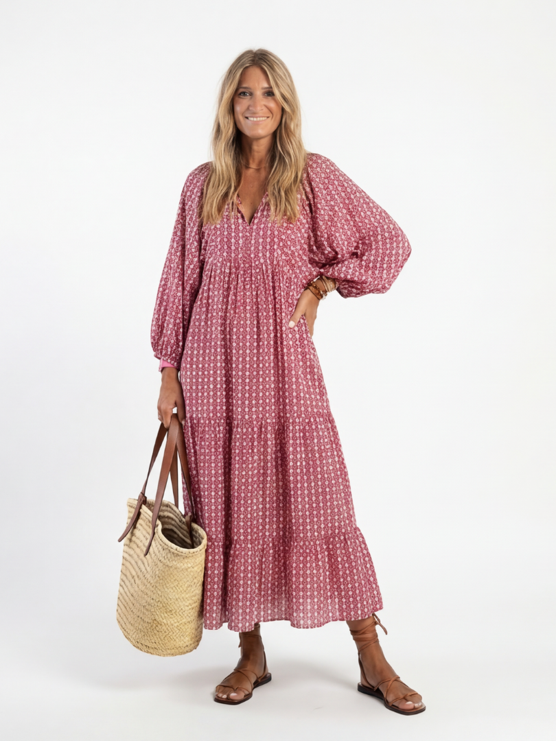 Arlette - Geometric Print Long Sleeve Midi Dress