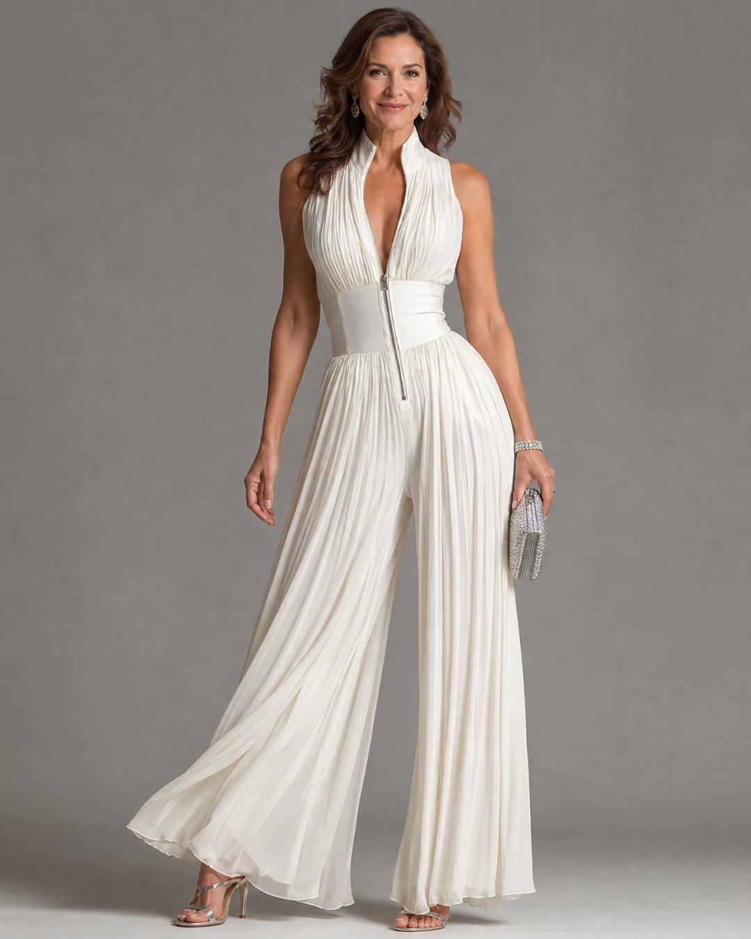 Zakira - Pleated Halter Neck Wide Leg Jumpsuit