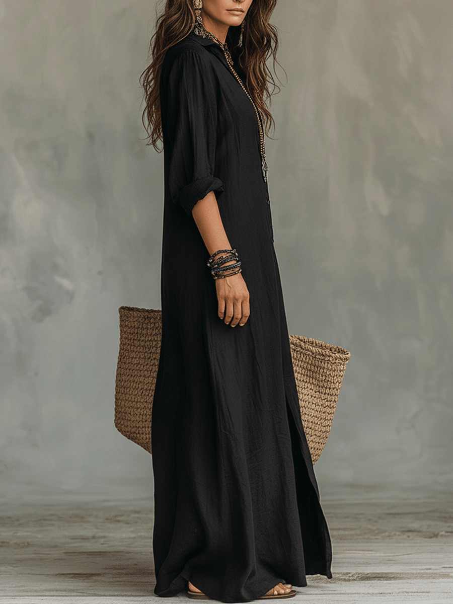 Lena - Button-Front Bohemian Shirt Maxi Dress
