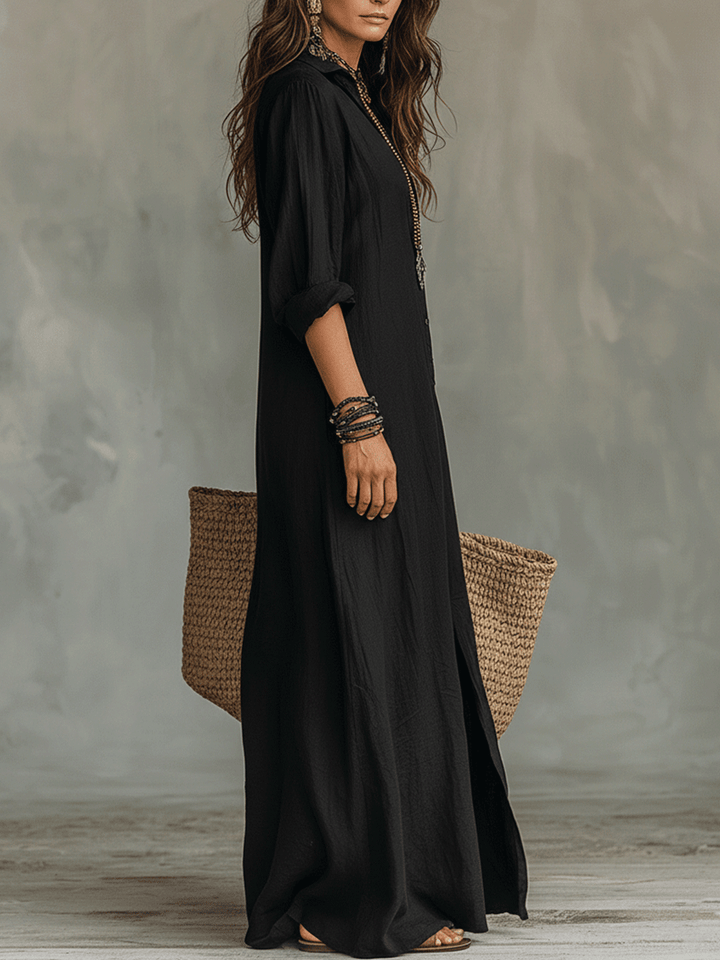 Lena - Button-Front Bohemian Shirt Maxi Dress