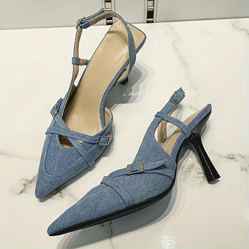 Stella - Crisscross Denim Stiletto Sandal