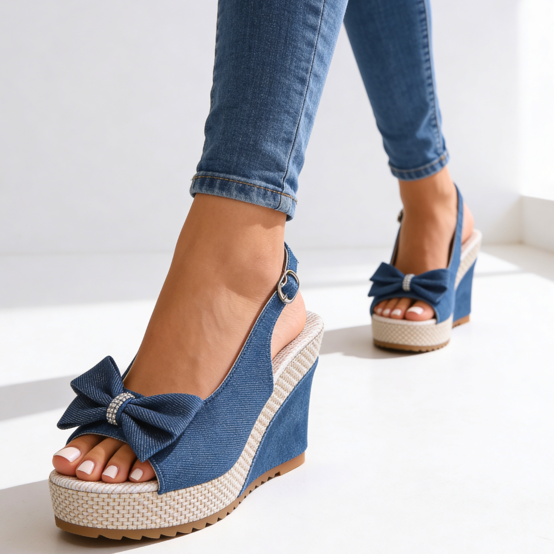 Estelle - Crystal Bow Wedge Sandals
