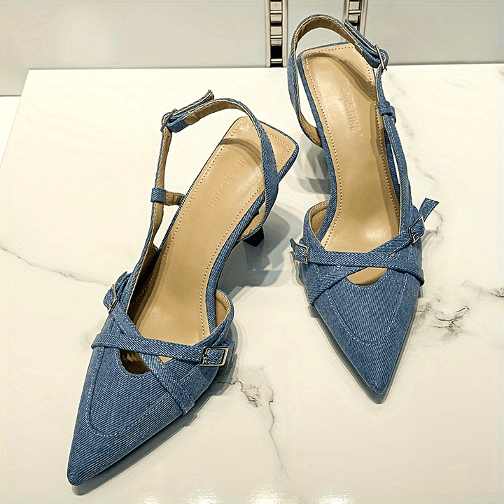 Stella - Crisscross Denim Stiletto Sandal