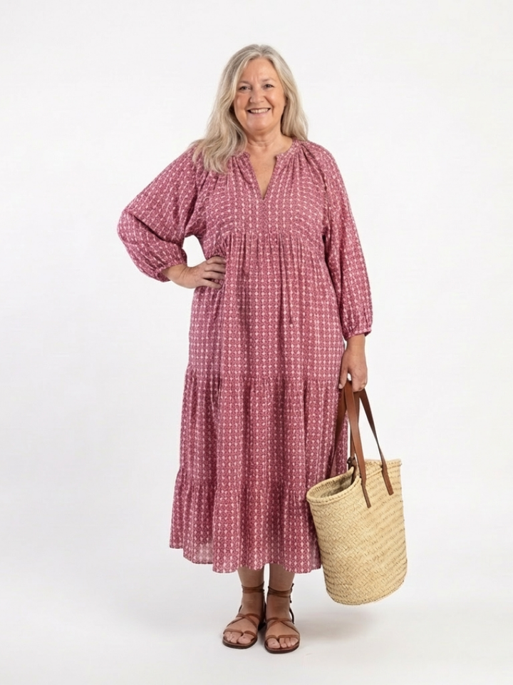 Arlette - Geometric Print Long Sleeve Midi Dress