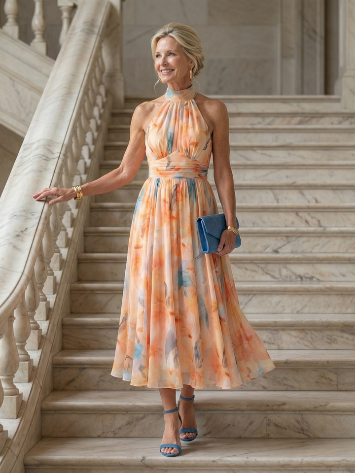 Elin - Gathered Bodice Halter Neck Midi Dress