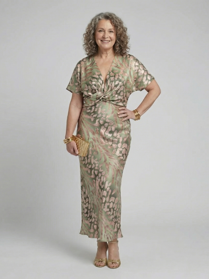 Abstract Print V-Neck Twist Waist Midi Dress
