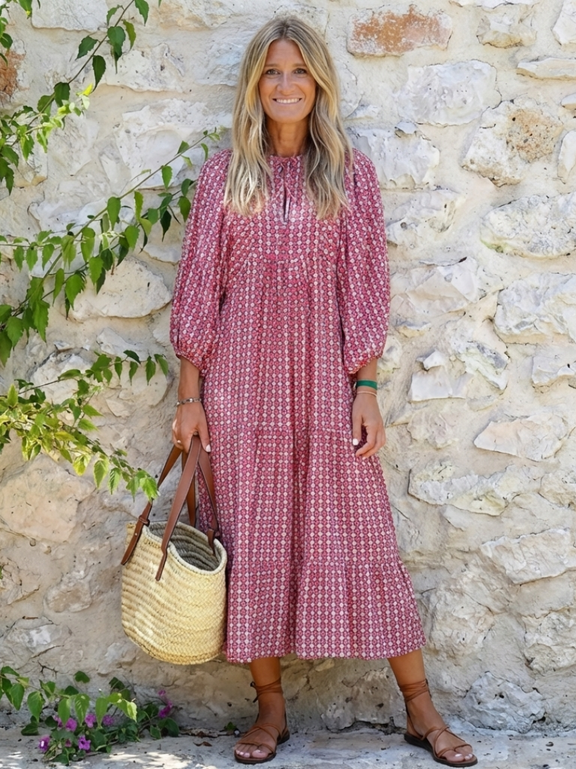 Arlette - Geometric Print Long Sleeve Midi Dress