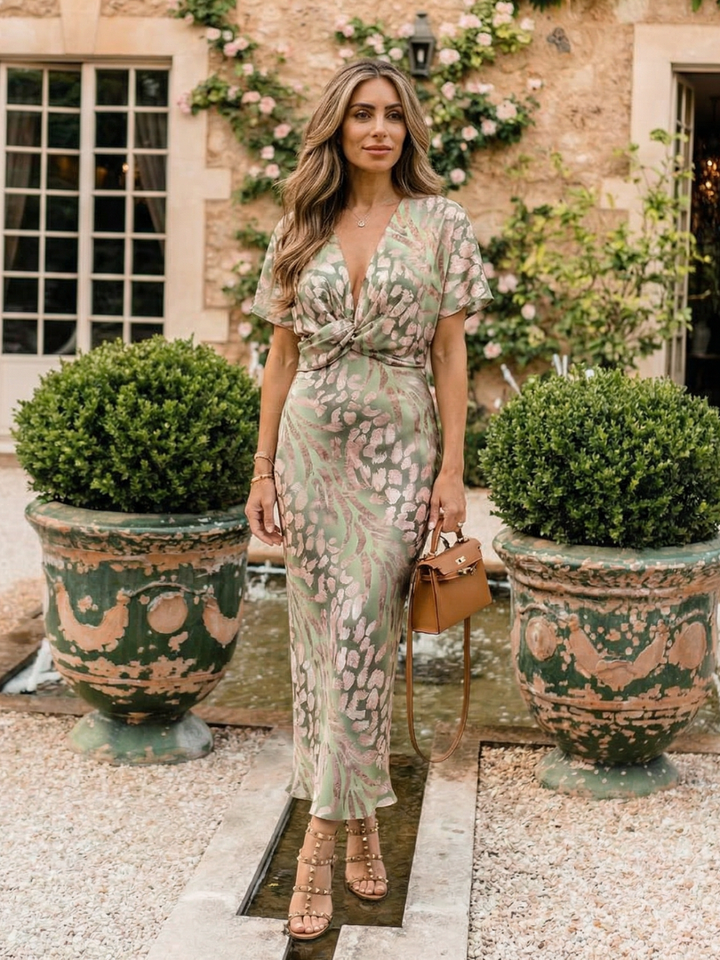 Abstract Print V-Neck Twist Waist Midi Dress