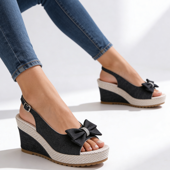 Estelle - Crystal Bow Wedge Sandals