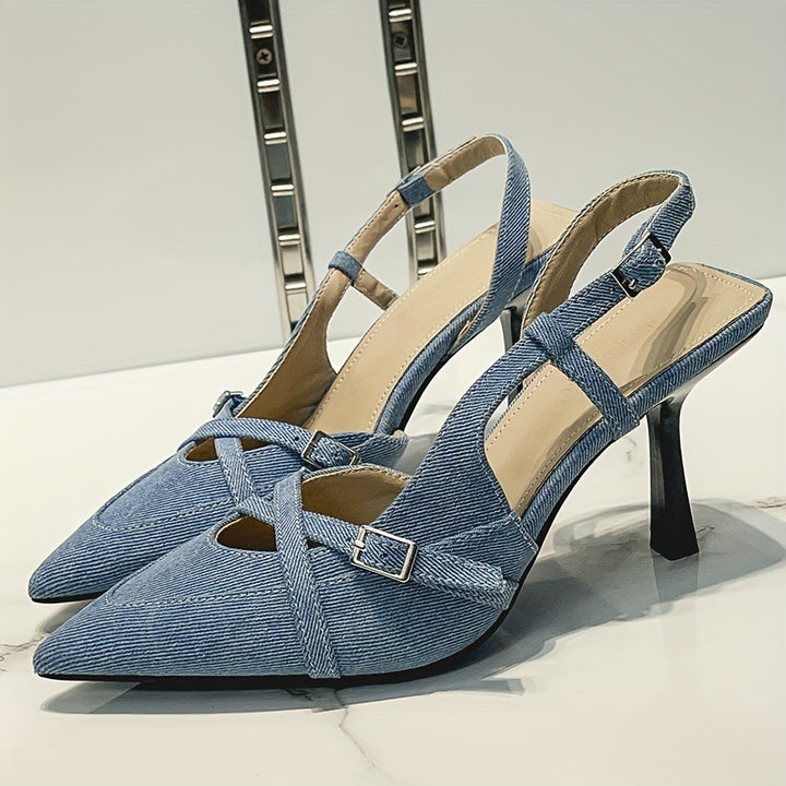 Stella - Crisscross Denim Stiletto Sandal