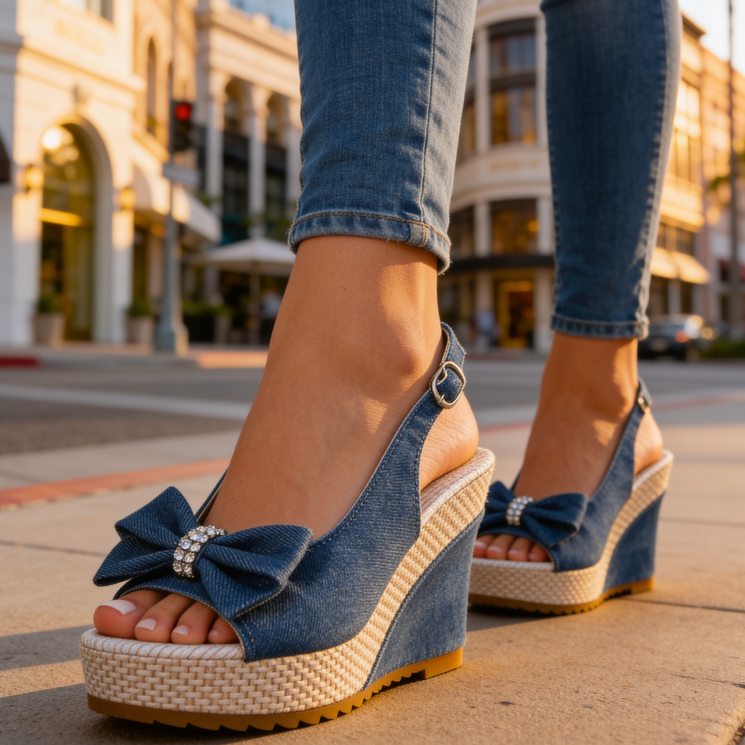 Estelle - Crystal Bow Wedge Sandals