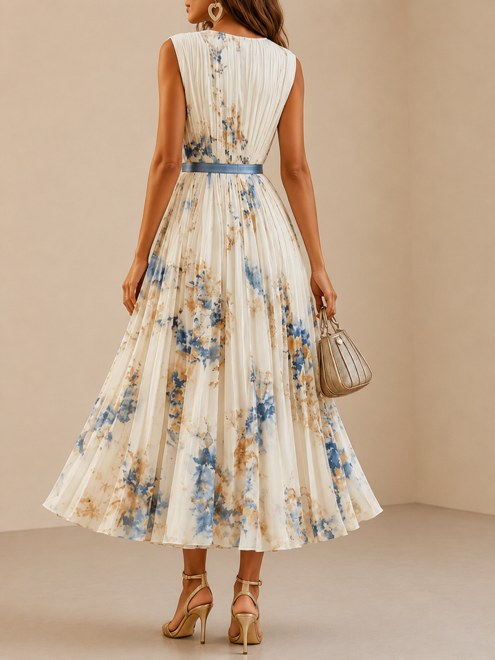 Celestine - Pleated V-Neck Floral Midi Dress