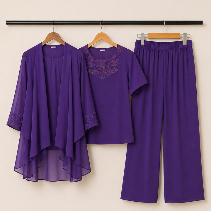 Elise - Lace Neckline Elegant Three-Piece Set
