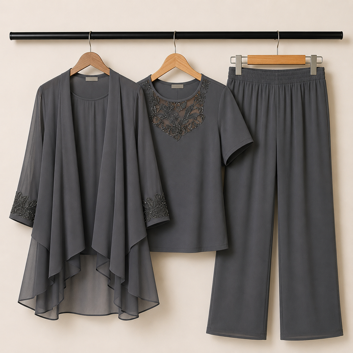 Elise - Lace Neckline Elegant Three-Piece Set
