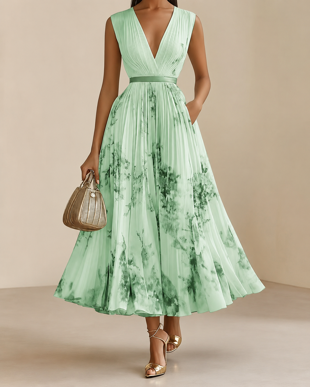 Celestine - Pleated V-Neck Floral Midi Dress