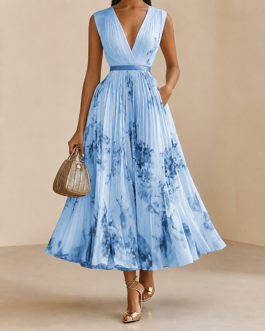 Celestine - Pleated V-Neck Floral Midi Dress