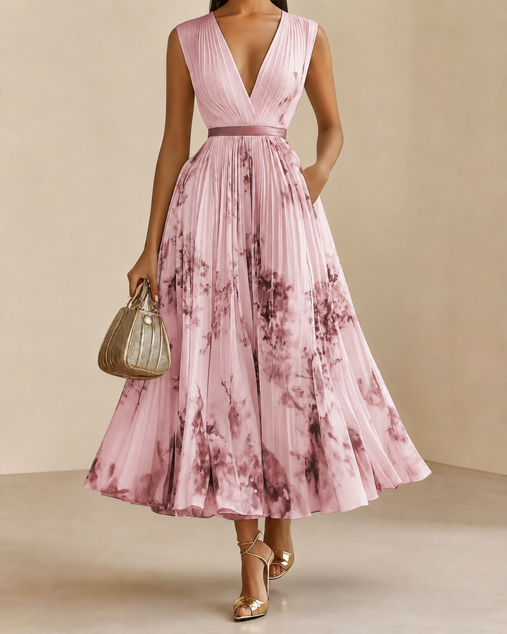 Celestine - Pleated V-Neck Floral Midi Dress