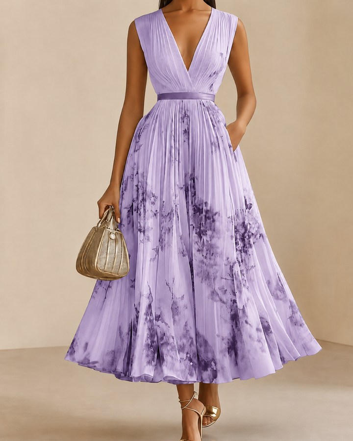 Celestine - Pleated V-Neck Floral Midi Dress
