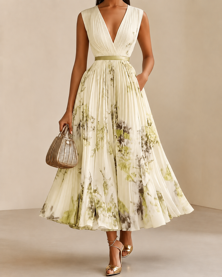 Celestine - Pleated V-Neck Floral Midi Dress