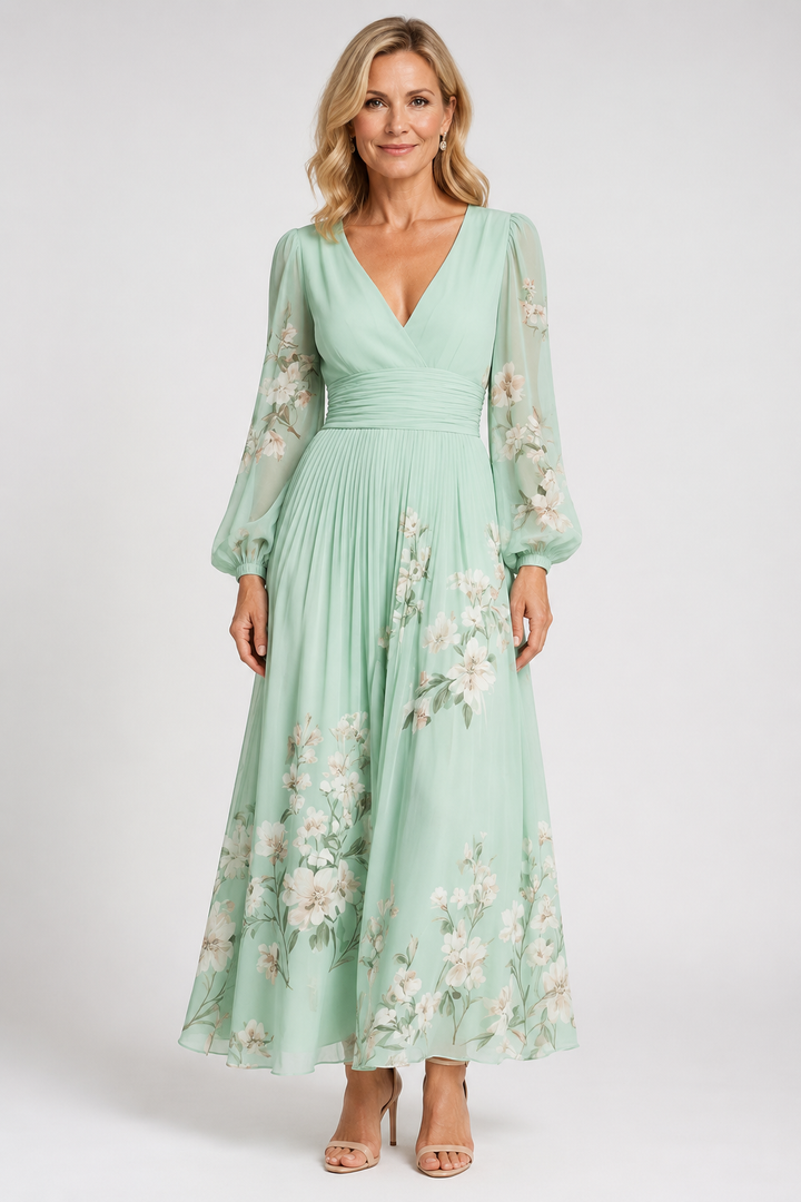 Elaria - Graceful Floral Pleated Maxi Dress