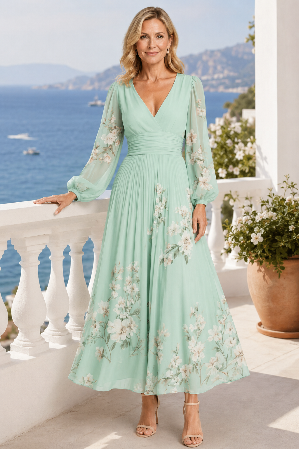 Elaria - Graceful Floral Pleated Maxi Dress