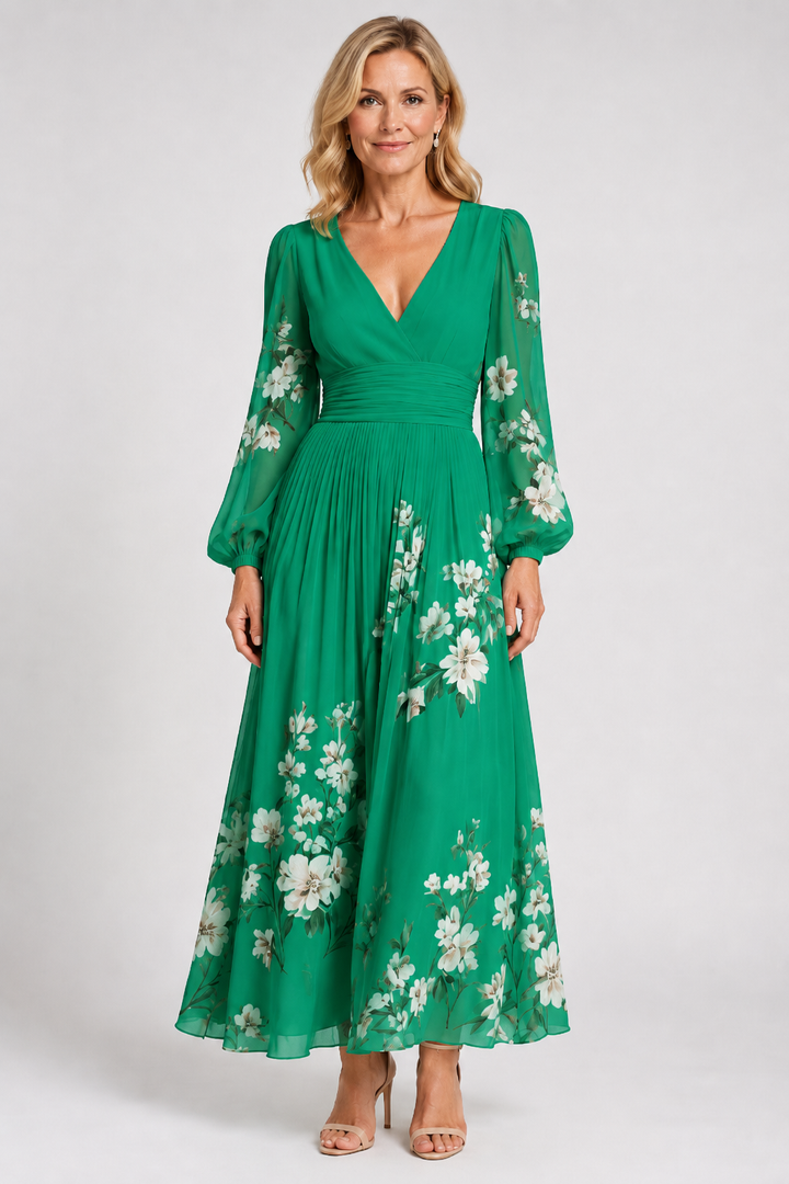 Elaria - Graceful Floral Pleated Maxi Dress