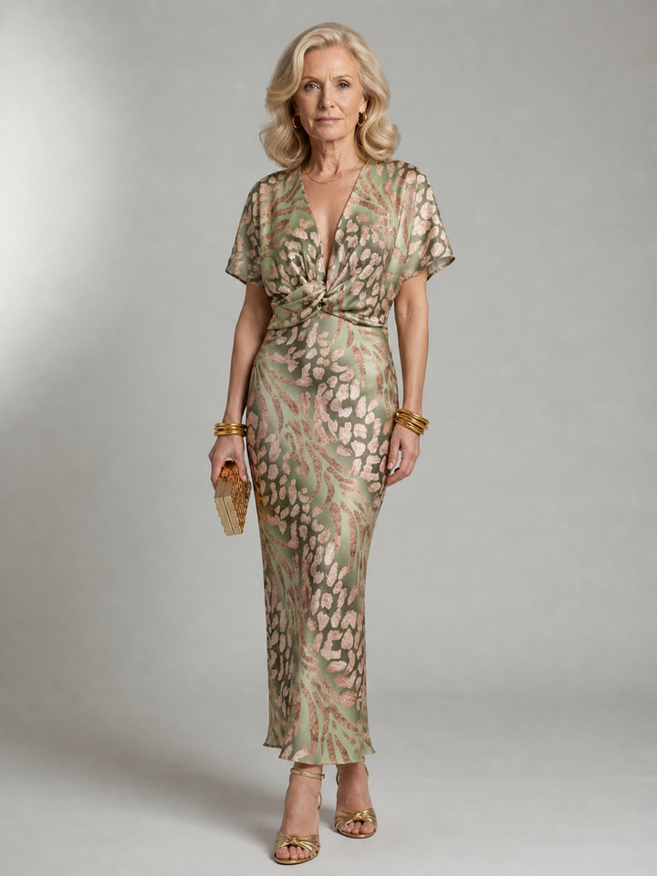Abstract Print V-Neck Twist Waist Midi Dress