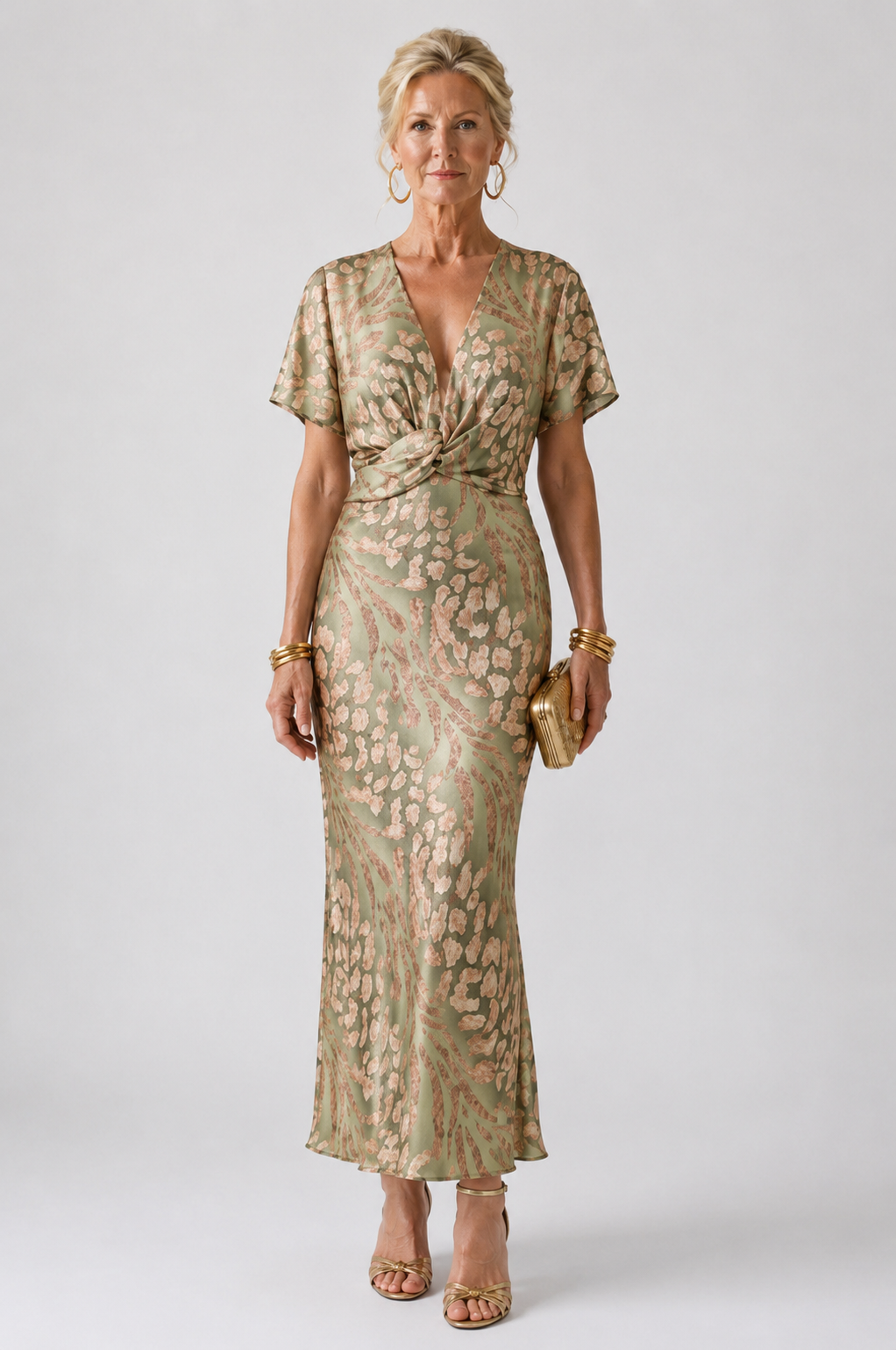 Abstract Print V-Neck Twist Waist Midi Dress