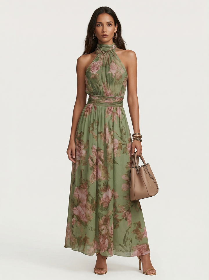 Vesper - Botanical Print Halter Neck Maxi Dress