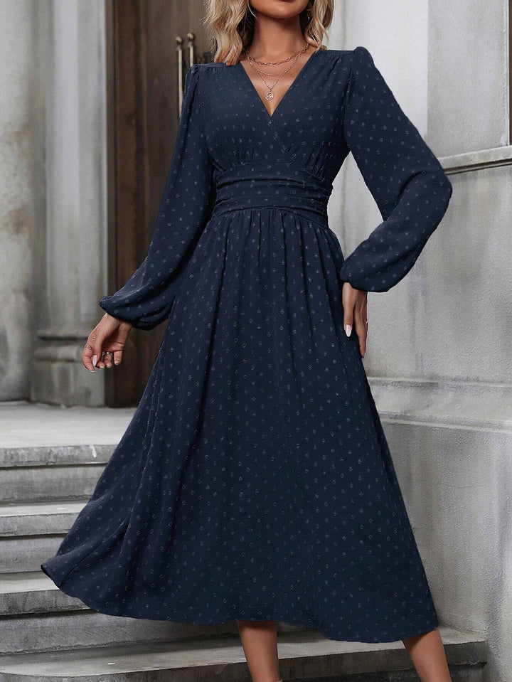 Vera - Diagonal Collar Lantern Sleeve Pleated Dress