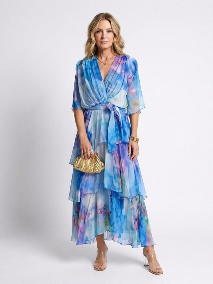 Calista - Layered V-Neck Maxi Dress with Tie Belt