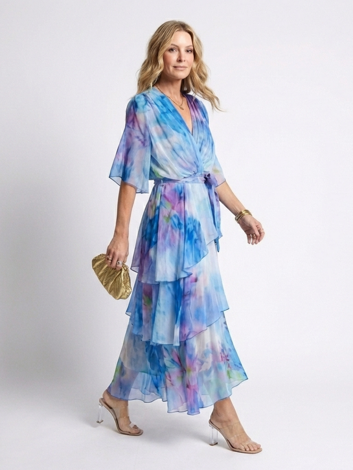 Calista - Layered V-Neck Maxi Dress with Tie Belt