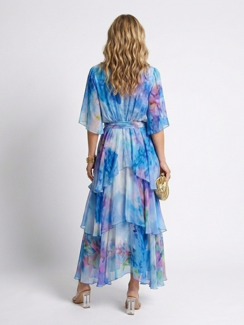Calista - Layered V-Neck Maxi Dress with Tie Belt