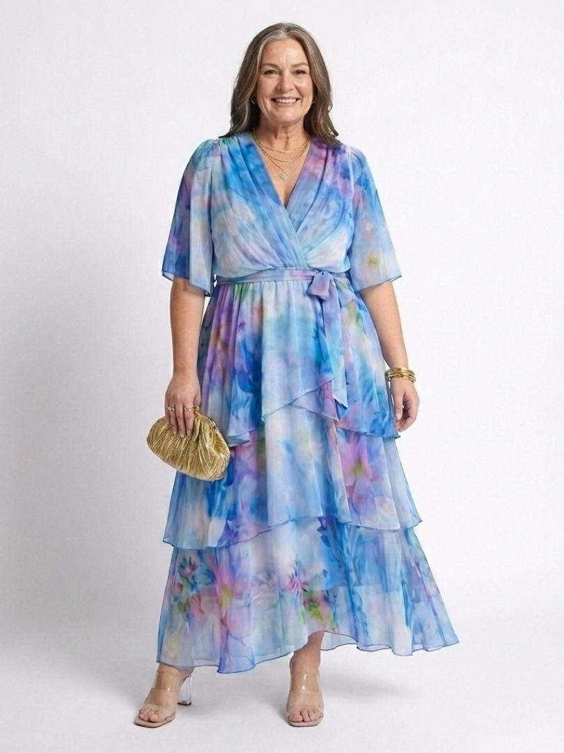Calista - Layered V-Neck Maxi Dress with Tie Belt