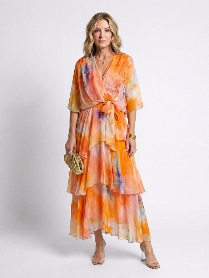 Calista - Layered V-Neck Maxi Dress with Tie Belt