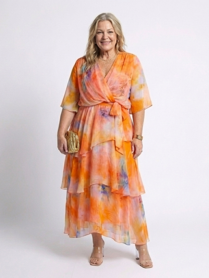 Calista - Layered V-Neck Maxi Dress with Tie Belt