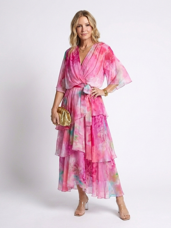 Calista - Layered V-Neck Maxi Dress with Tie Belt