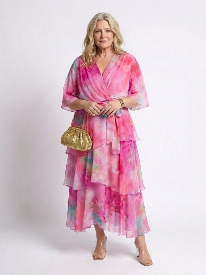 Calista - Layered V-Neck Maxi Dress with Tie Belt