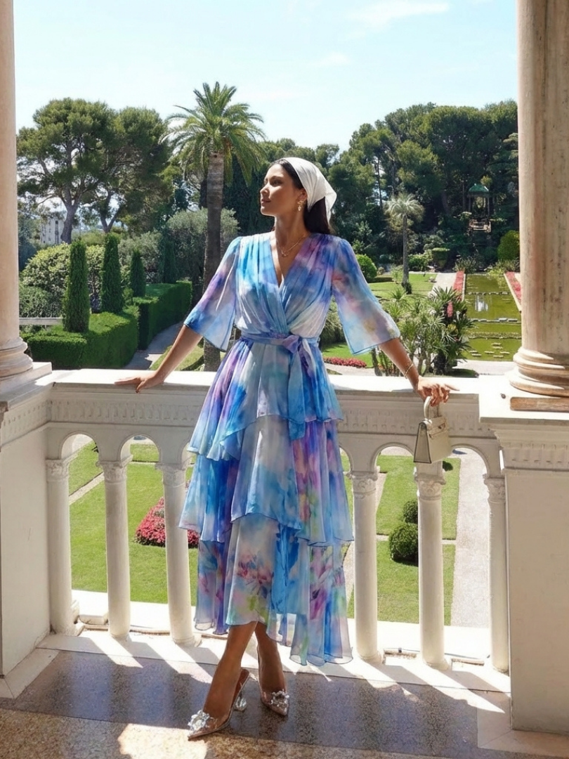 Calista - Layered V-Neck Maxi Dress with Tie Belt
