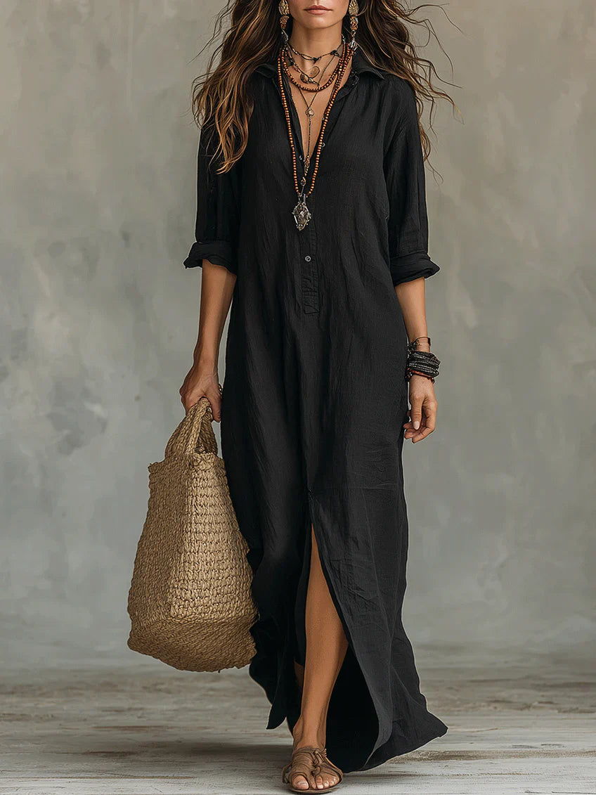 Lena - Button-Front Bohemian Shirt Maxi Dress