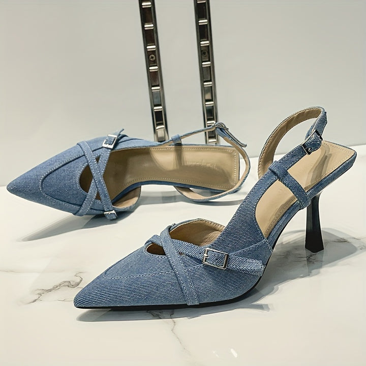 Stella - Crisscross Denim Stiletto Sandal