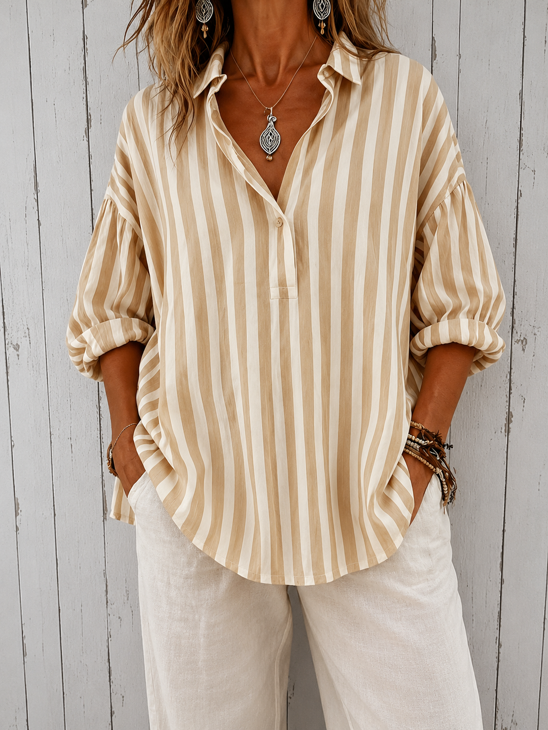 Nora - Loose Striped Blouse with Collar