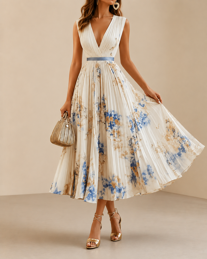 Celestine - Pleated V-Neck Floral Midi Dress