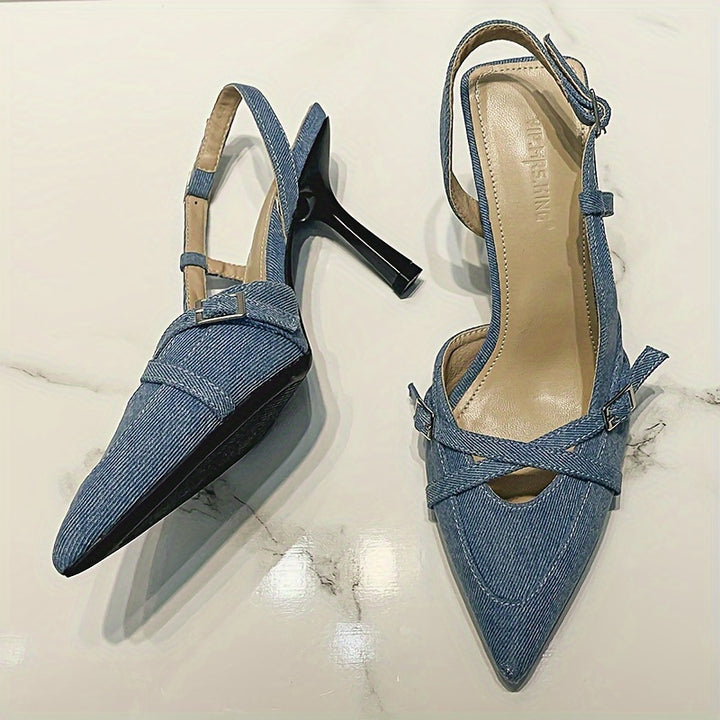 Stella - Crisscross Denim Stiletto Sandal
