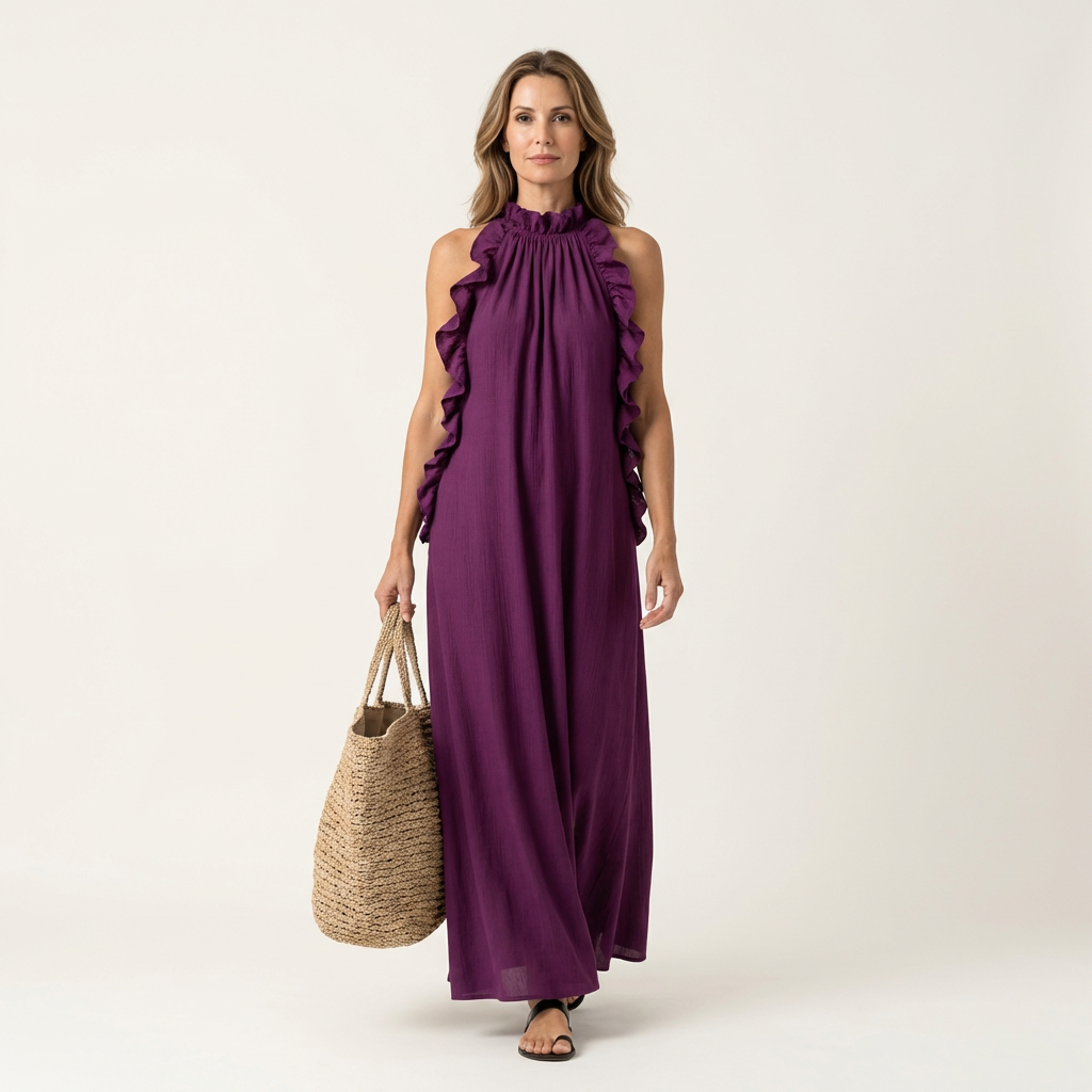 Lyara - Vertical Ruffle Halter Neck Maxi Dress