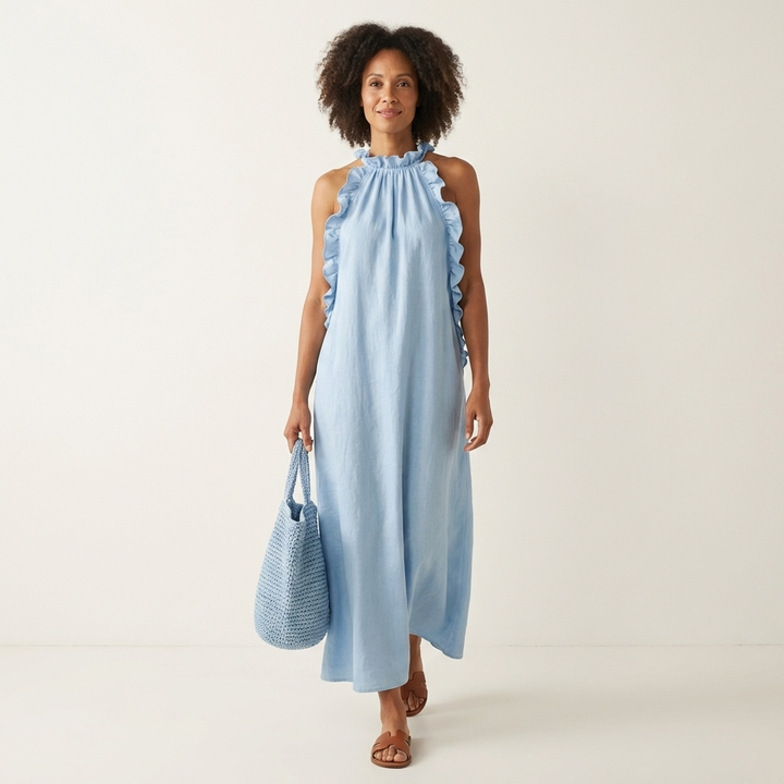 Lyara - Vertical Ruffle Halter Neck Maxi Dress