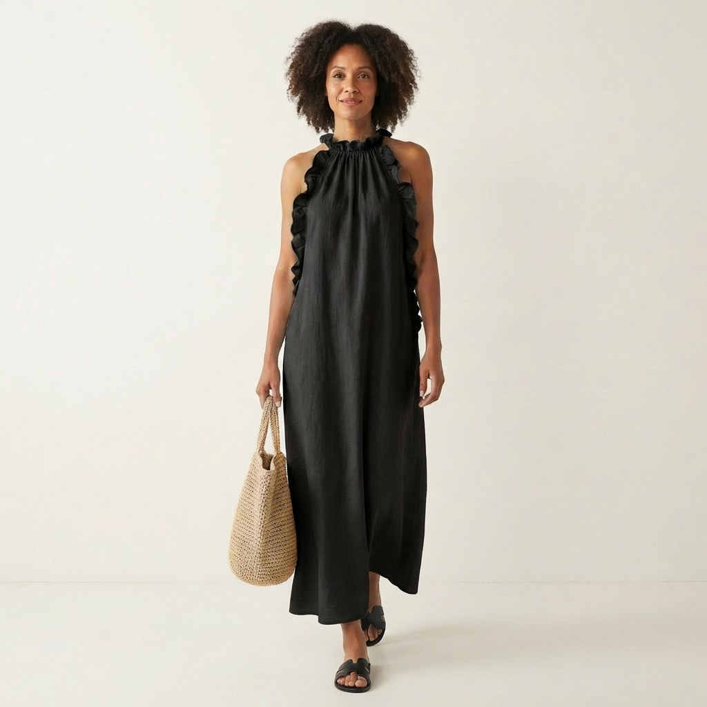 Lyara - Vertical Ruffle Halter Neck Maxi Dress